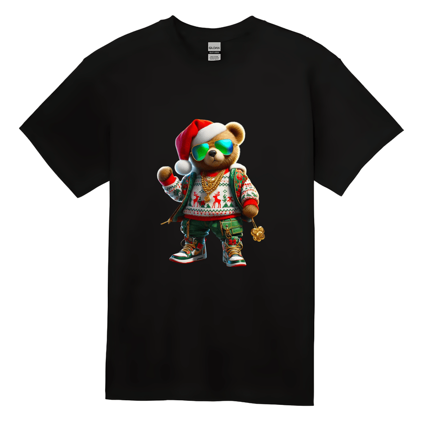 Adult men’s black Christmas tee with a cool hip hop bear wearing sunglasses, chains, and festive clothing.