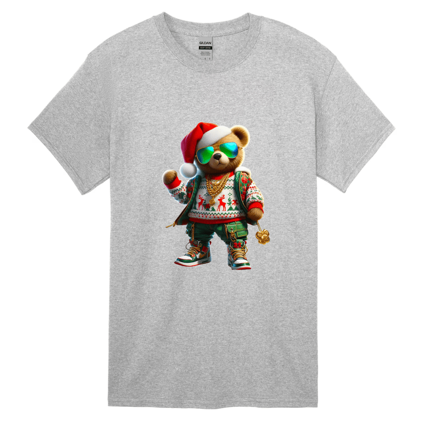 Adult men’s gray Christmas t-shirt with a hip hop Santa bear wearing sunglasses and gold chains.
