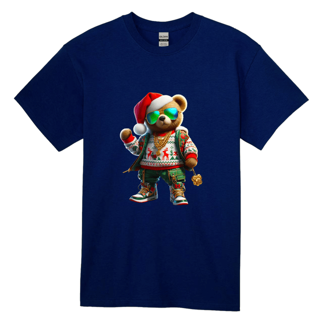 Adult men’s navy streetwear holiday shirt featuring a stylish Santa bear in hip hop fashion.