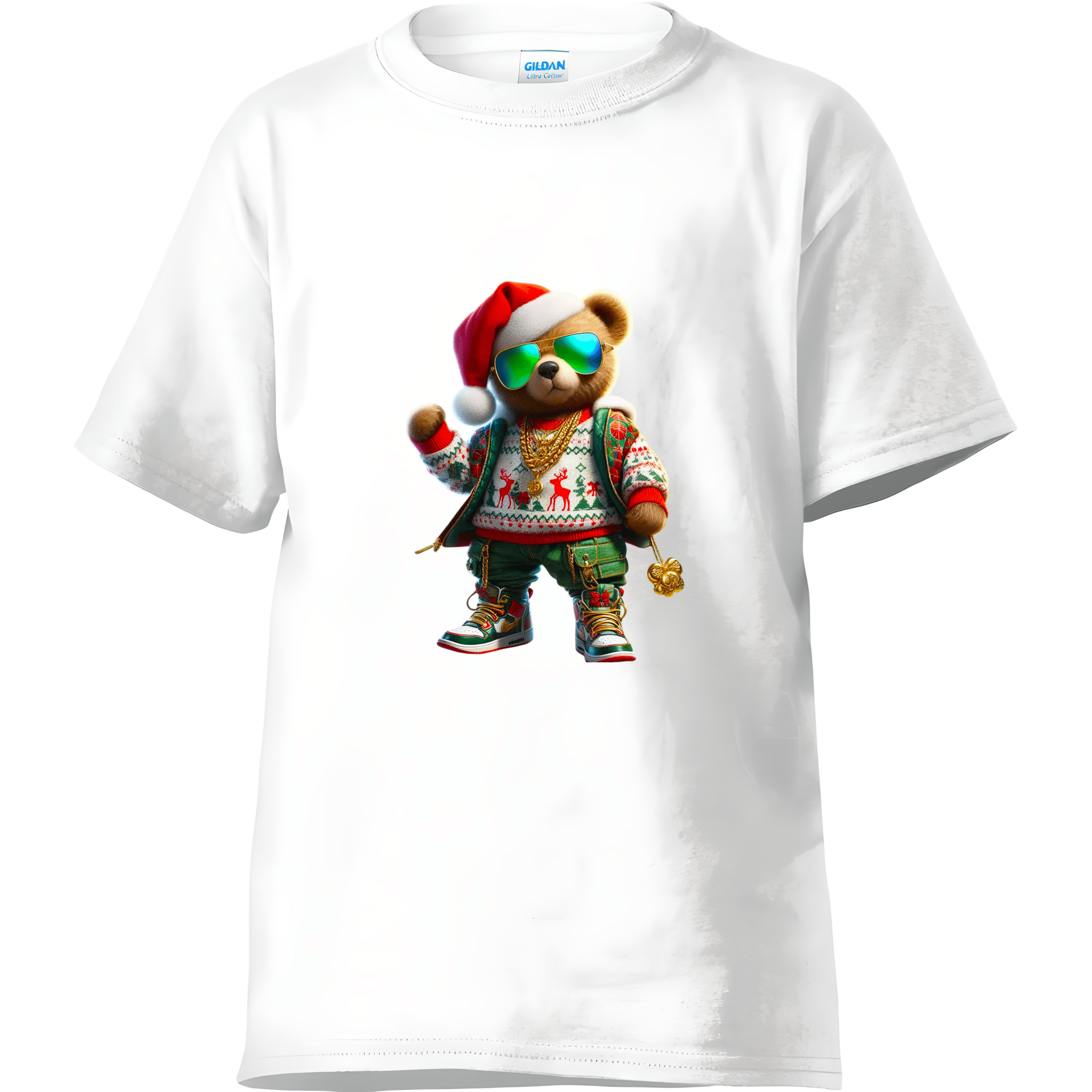 Adult men’s white holiday t-shirt displaying a trendy Santa bear dressed in hip hop street style.