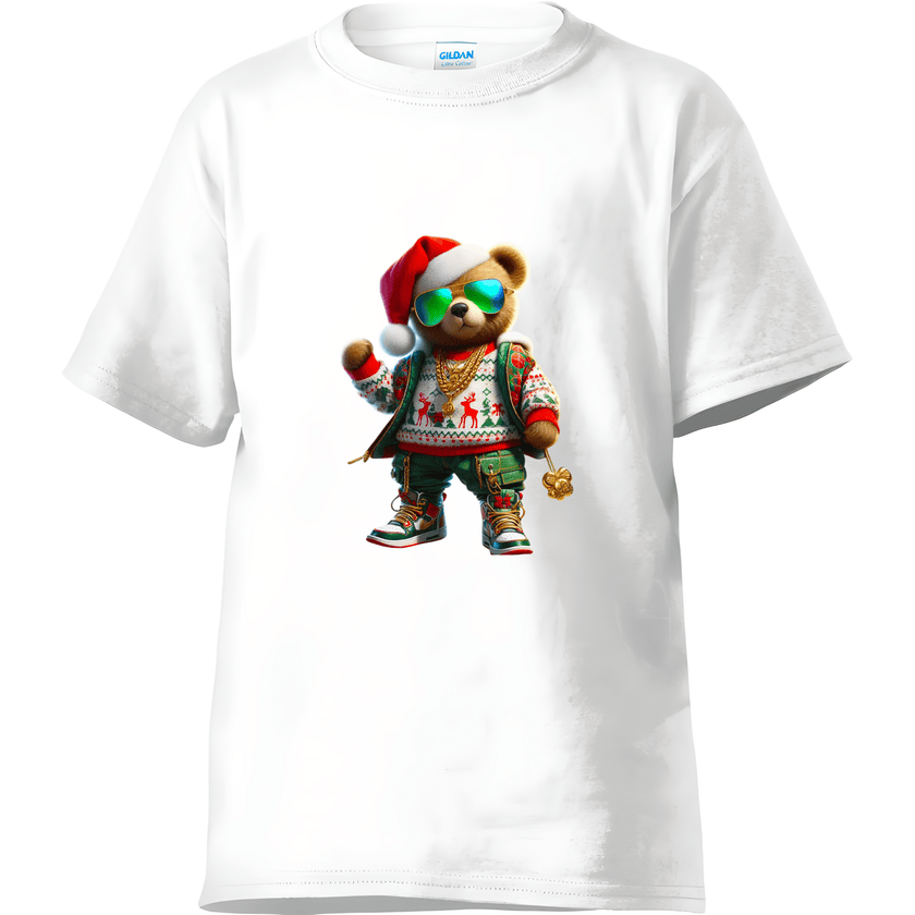 Adult men’s white holiday t-shirt displaying a trendy Santa bear dressed in hip hop street style.