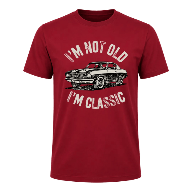 Cardinal red men’s car enthusiast t shirt featuring a retro automobile graphic and nostalgic phrase.