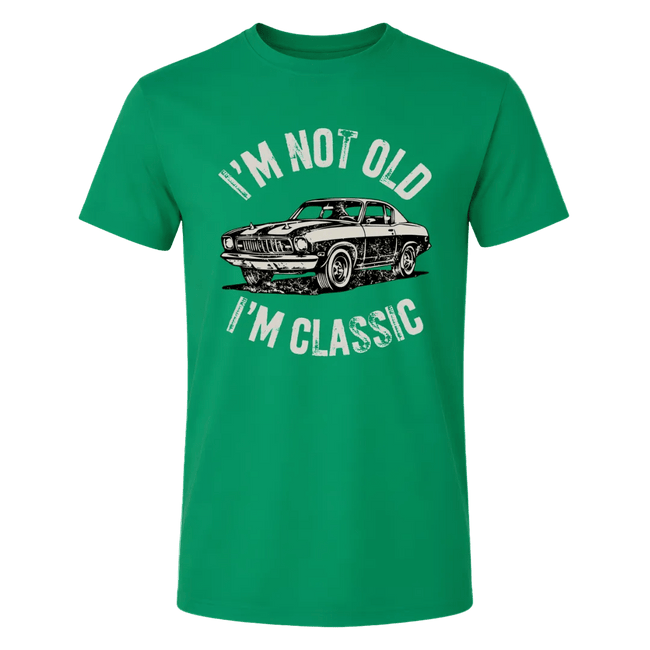 Irish green men’s classic car t shirt with distressed text and retro vehicle artwork for car lovers.