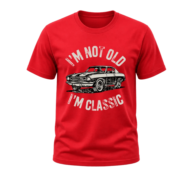 Red men’s automotive themed tee with a retro car illustration for classic car enthusiasts and gift shoppers.