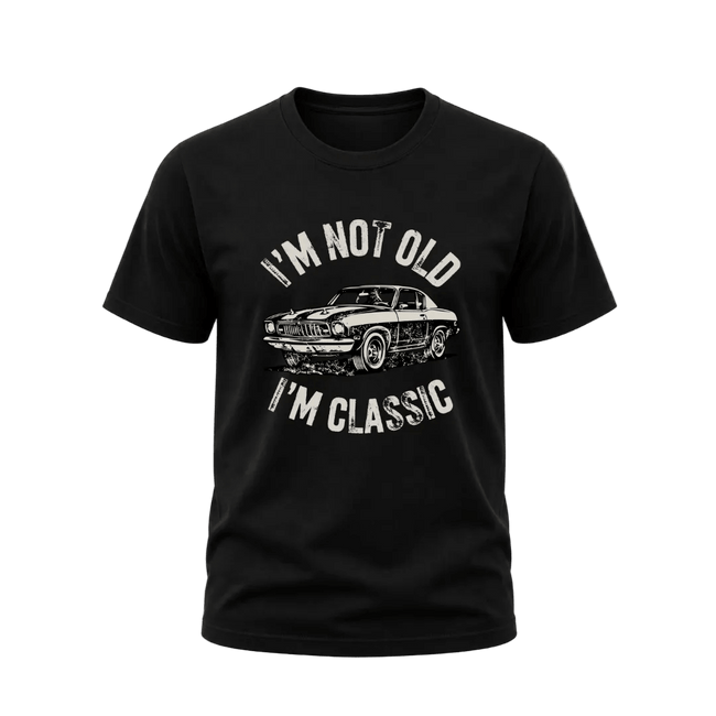 Black men’s classic car graphic tee with white distressed lettering and a detailed vintage car design.
