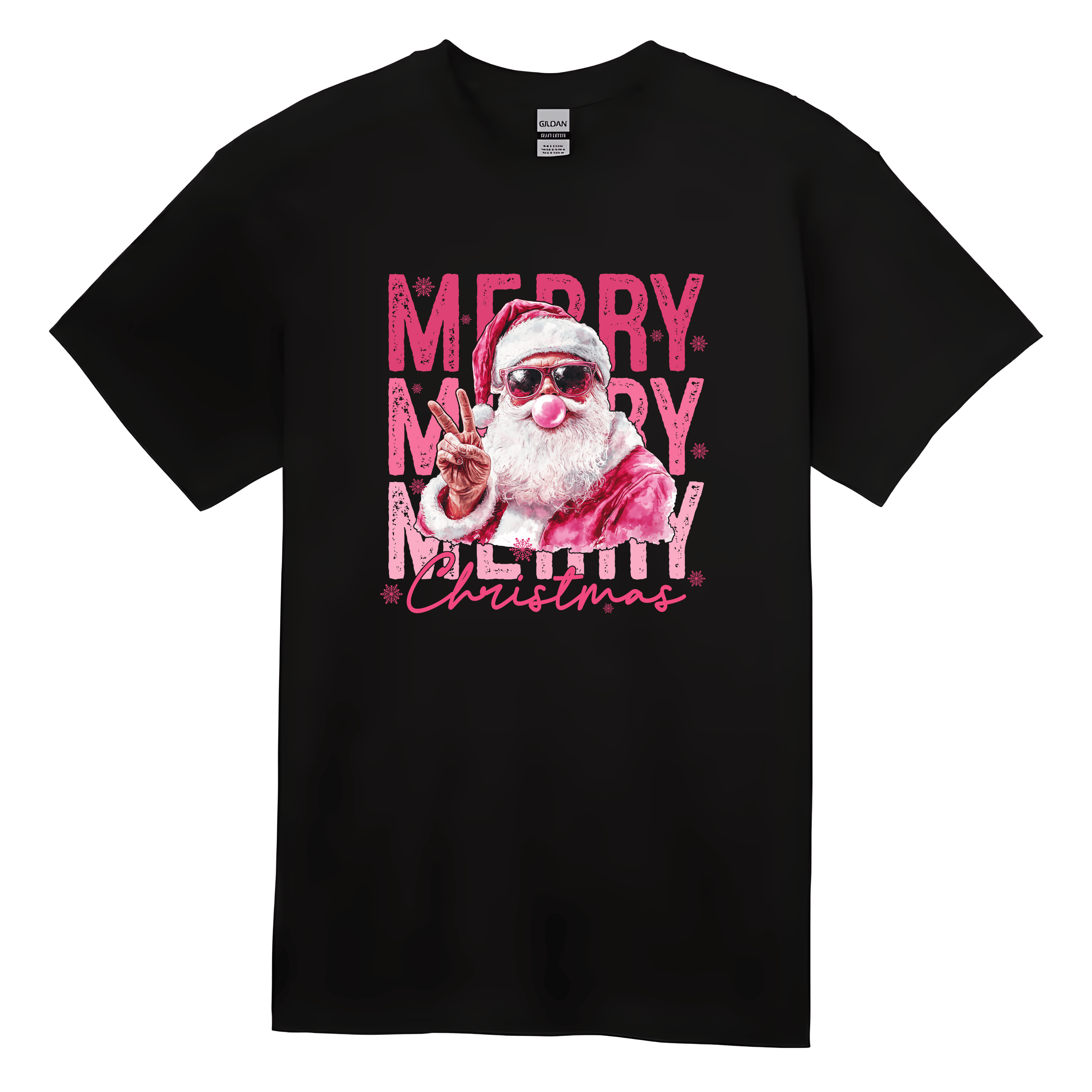 Black T-shirt with cool Santa Claus wearing sunglasses and the text ‘Merry Merry Merry Christmas.’ Fun festive holiday shirt.