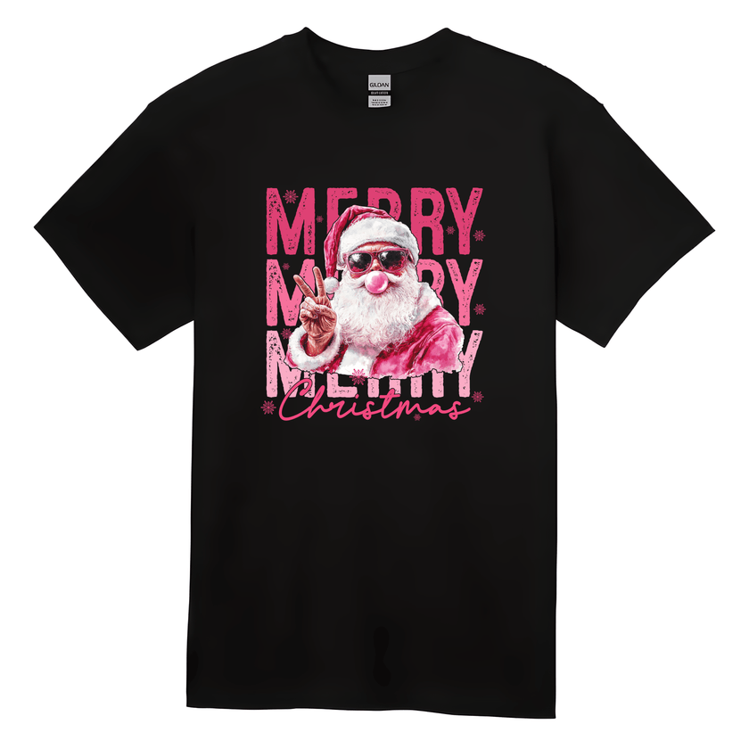 Black T-shirt with cool Santa Claus wearing sunglasses and the text ‘Merry Merry Merry Christmas.’ Fun festive holiday shirt.