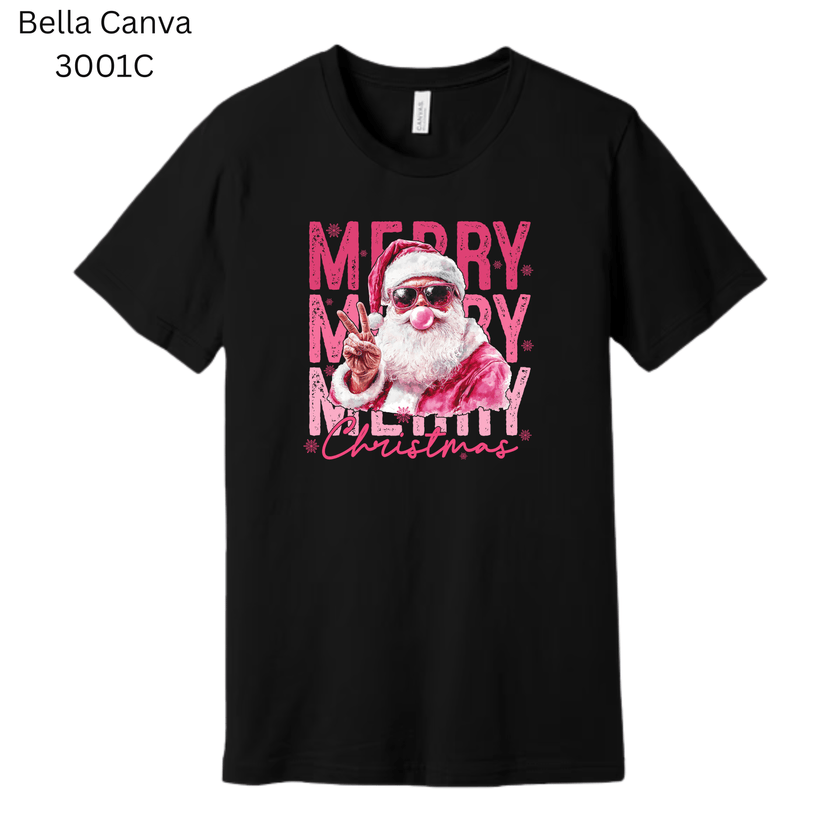 Funny Santa T-shirt with retro pink ‘Merry Merry Merry Christmas’ text. A stylish holiday graphic tee.