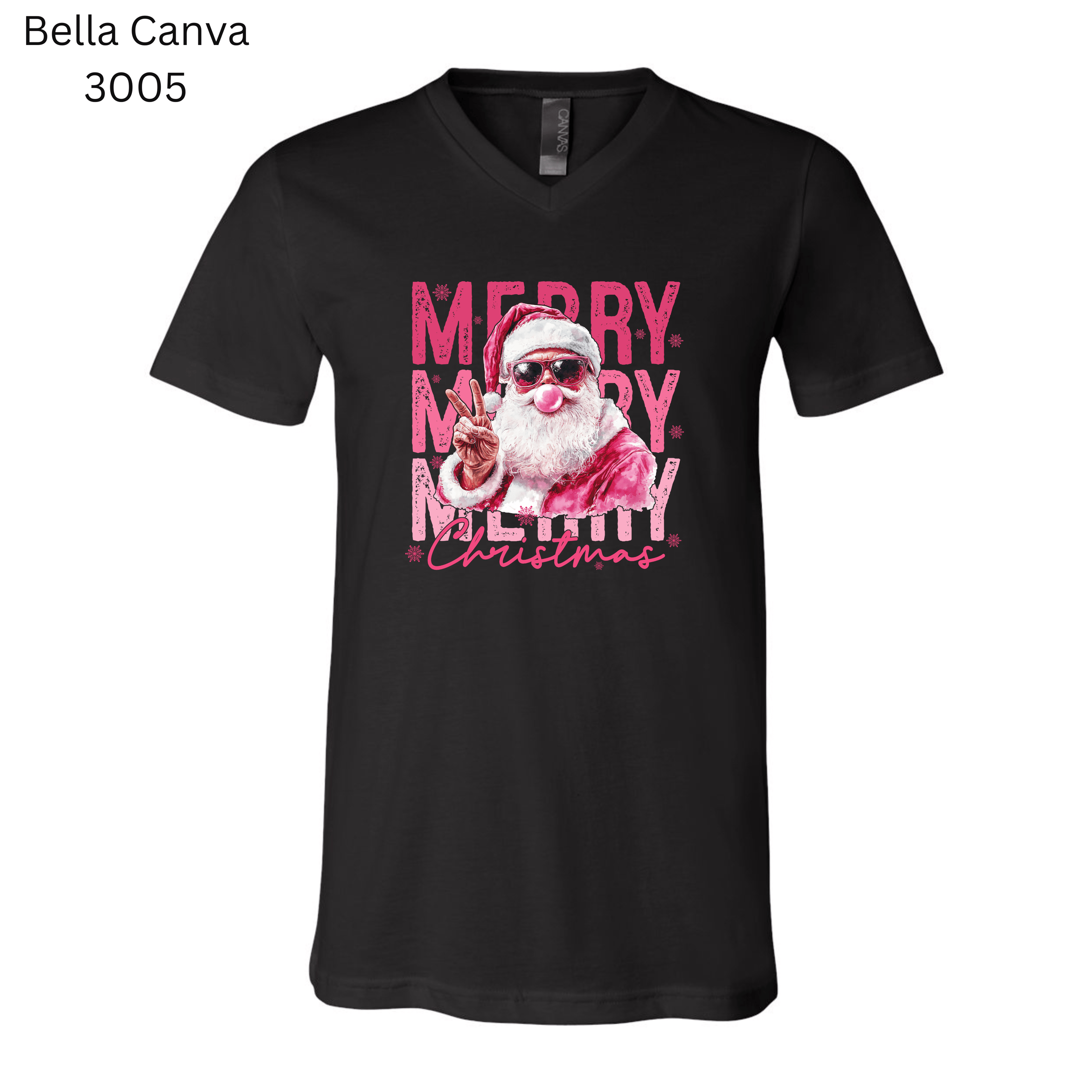Trendy unisex Christmas T-shirt with fun Santa Claus in pink outfit and sunglasses, posing with a peace sign. retro style.