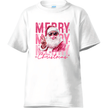 Trendy Christmas shirt featuring Santa Claus with sunglasses and peace sign over bold pink text ‘Merry Merry Merry Christmas.