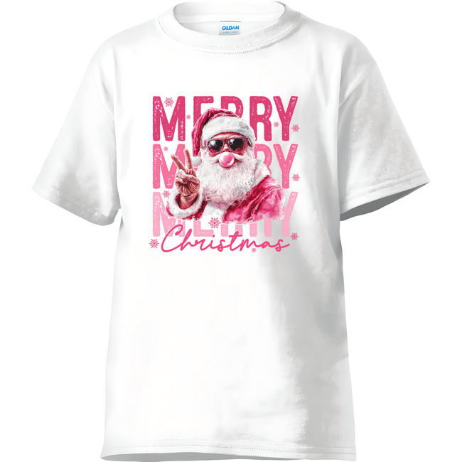 Trendy Christmas shirt featuring Santa Claus with sunglasses and peace sign over bold pink text ‘Merry Merry Merry Christmas.
