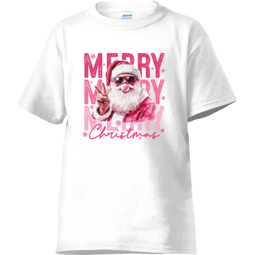 Trendy Christmas shirt featuring Santa Claus with sunglasses and peace sign over bold pink text ‘Merry Merry Merry Christmas.