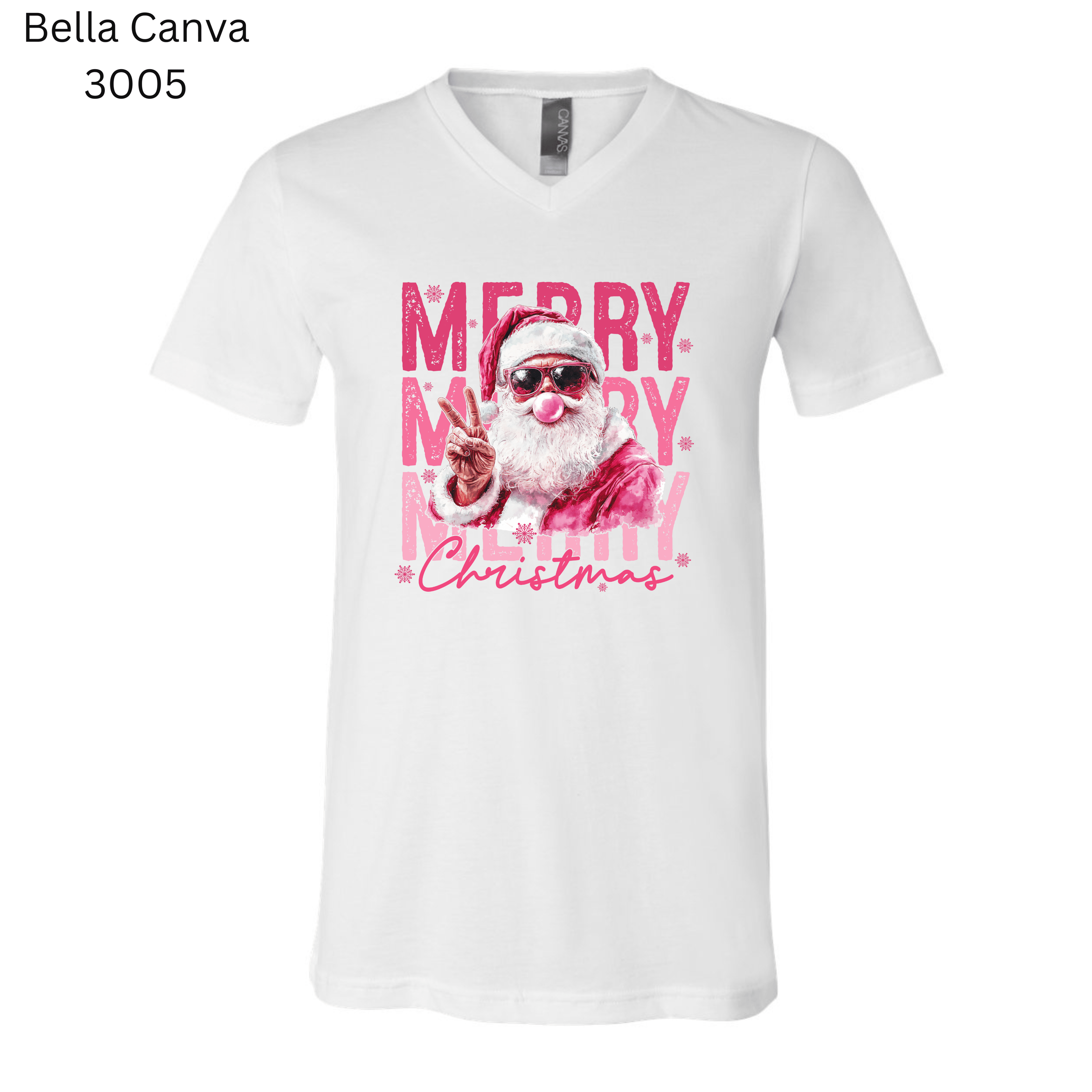 Retro Christmas graphic tee with Santa Claus wearing sunglasses and the phrase ‘Merry Merry Merry Christmas.’ A festive shirt