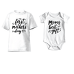 White mom shirt and baby onesie matching set with first mothers day text and cute handwritten style lettering