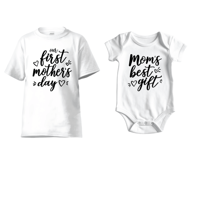 White mom shirt and baby onesie matching set with first mothers day text and cute handwritten style lettering