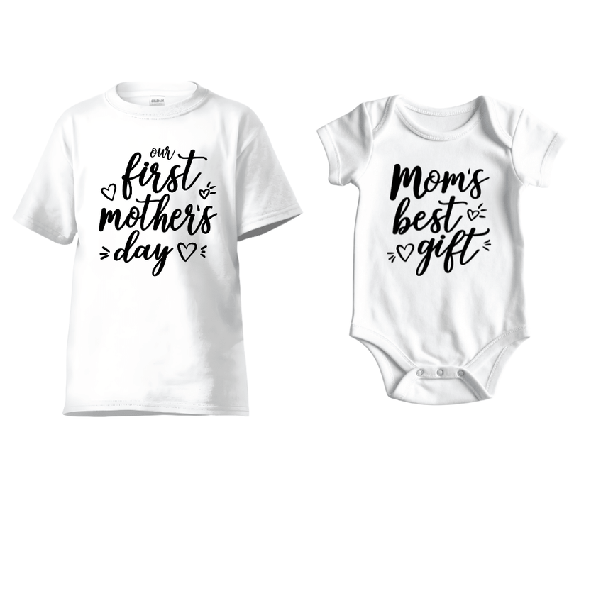 White mom shirt and baby onesie matching set with first mothers day text and cute handwritten style lettering