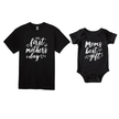 Black mom t-shirt and baby onesie matching outfit with first mothers day and moms best gift printed design