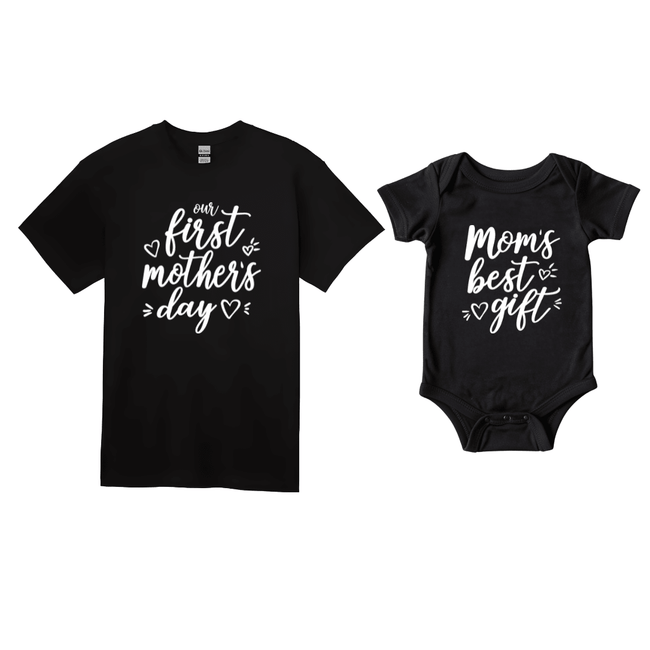 Black mom t-shirt and baby onesie matching outfit with first mothers day and moms best gift printed design