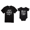 Black mom t-shirt and baby onesie matching outfit with first mothers day and moms best gift printed design