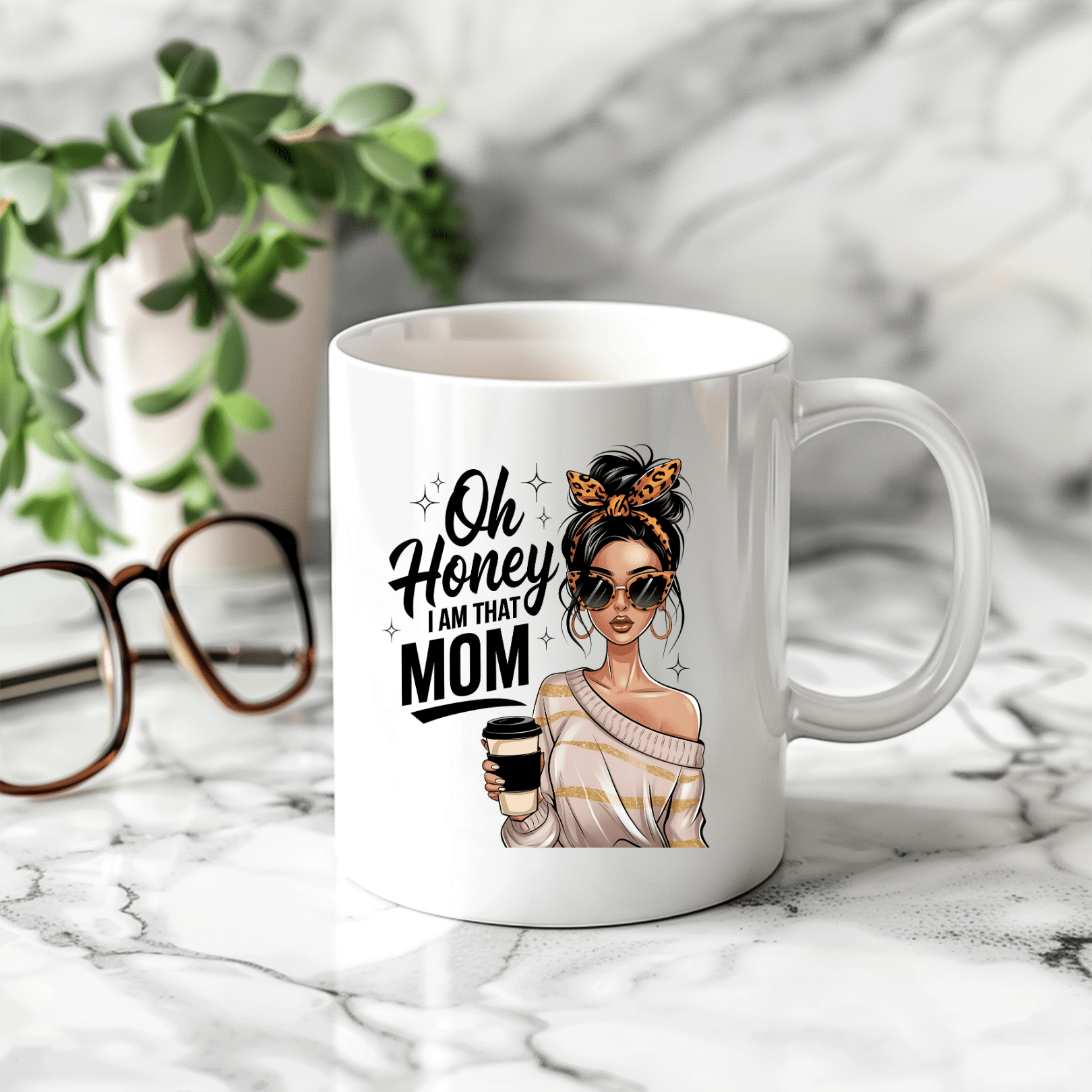 White coffee mug with “Oh Honey I Am That Mom” quote and stylish woman illustration holding coffee