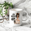 White coffee mug with “Oh Honey I Am That Mom” quote and stylish woman illustration holding coffee