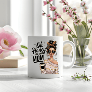 Close-up of mom coffee mug being held with stylish design and quote
