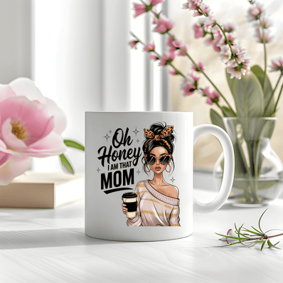 Close-up of mom coffee mug being held with stylish design and quote
