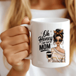 Funny mom mug with fashion illustration and bold text on white ceramic cup
