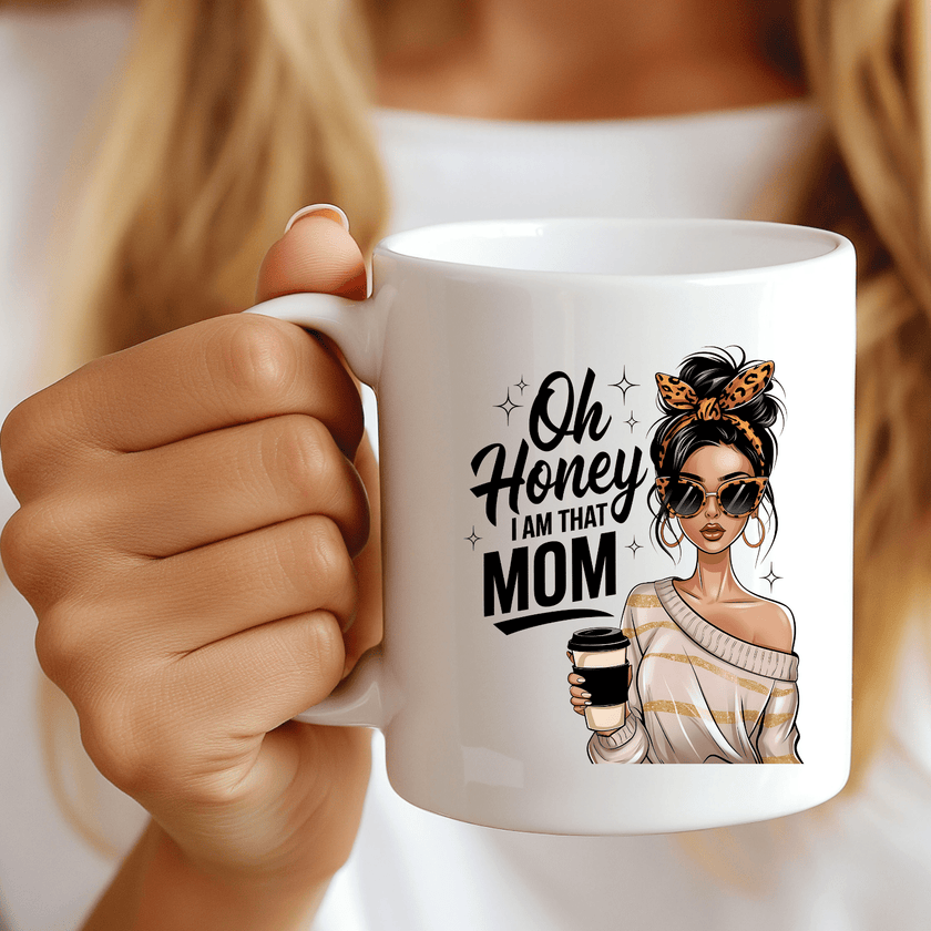 Funny mom mug with fashion illustration and bold text on white ceramic cup