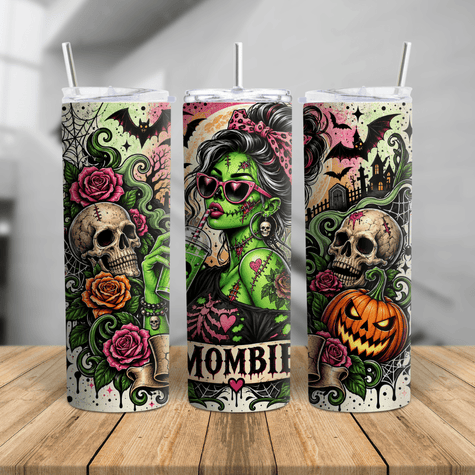20oz Mombie Halloween tumbler featuring a green spooky mom character, pink sunglasses, pumpkin, skulls and gothic Halloween artwork.