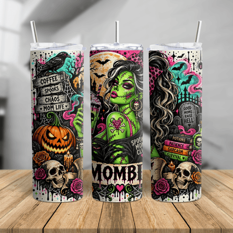 30oz Mombie Halloween tumbler with green zombie mom design, pink bow, bats, roses, pumpkin and colourful spooky season details.