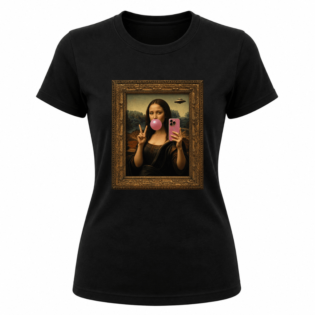 Black women’s graphic t shirt featuring Mona Lisa taking a selfie while blowing bubble gum