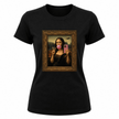 Black women’s graphic t shirt featuring Mona Lisa taking a selfie while blowing bubble gum