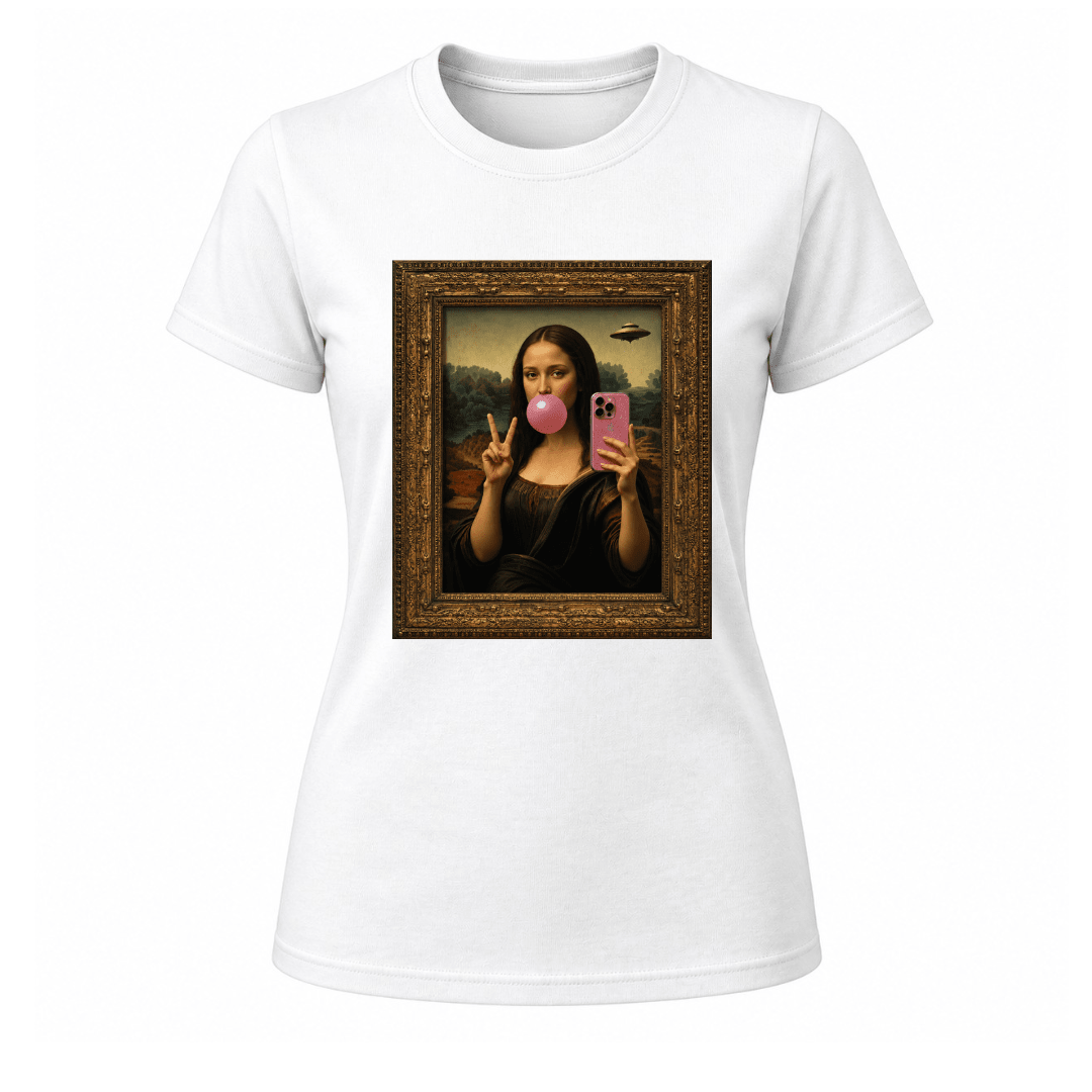 White women’s art inspired t shirt with funny Mona Lisa selfie graphic design