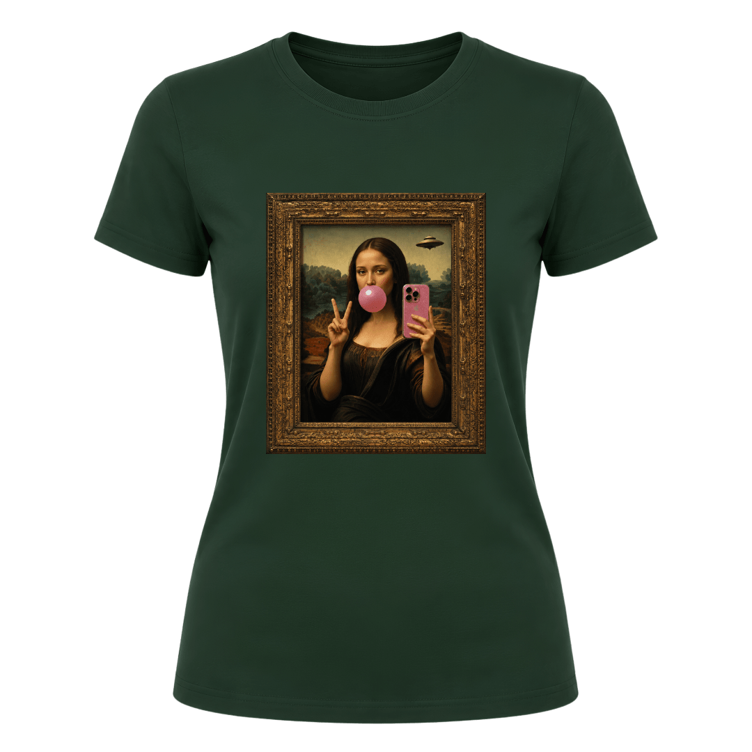 Forest green women's graphic tee displaying unique Mona Lisa bubble gum design