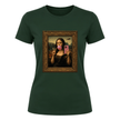 Forest green women's graphic tee displaying unique Mona Lisa bubble gum design