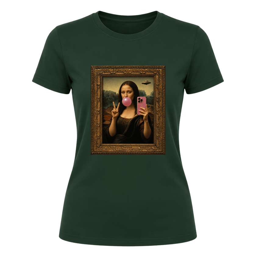 Forest green women's graphic tee displaying unique Mona Lisa bubble gum design