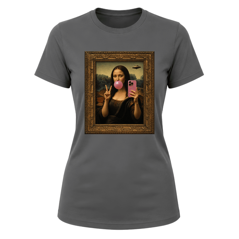 Unique women's graphic tee blending classic artwork with modern social media culture