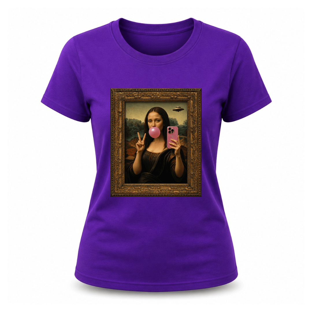 Purple women’s fashion tee showcasing Mona Lisa blowing bubble gum and taking a selfie
