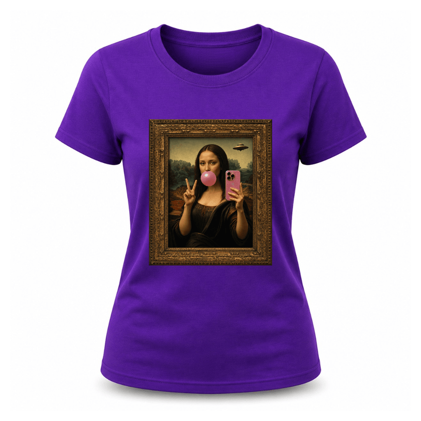 Purple women’s fashion tee showcasing Mona Lisa blowing bubble gum and taking a selfie