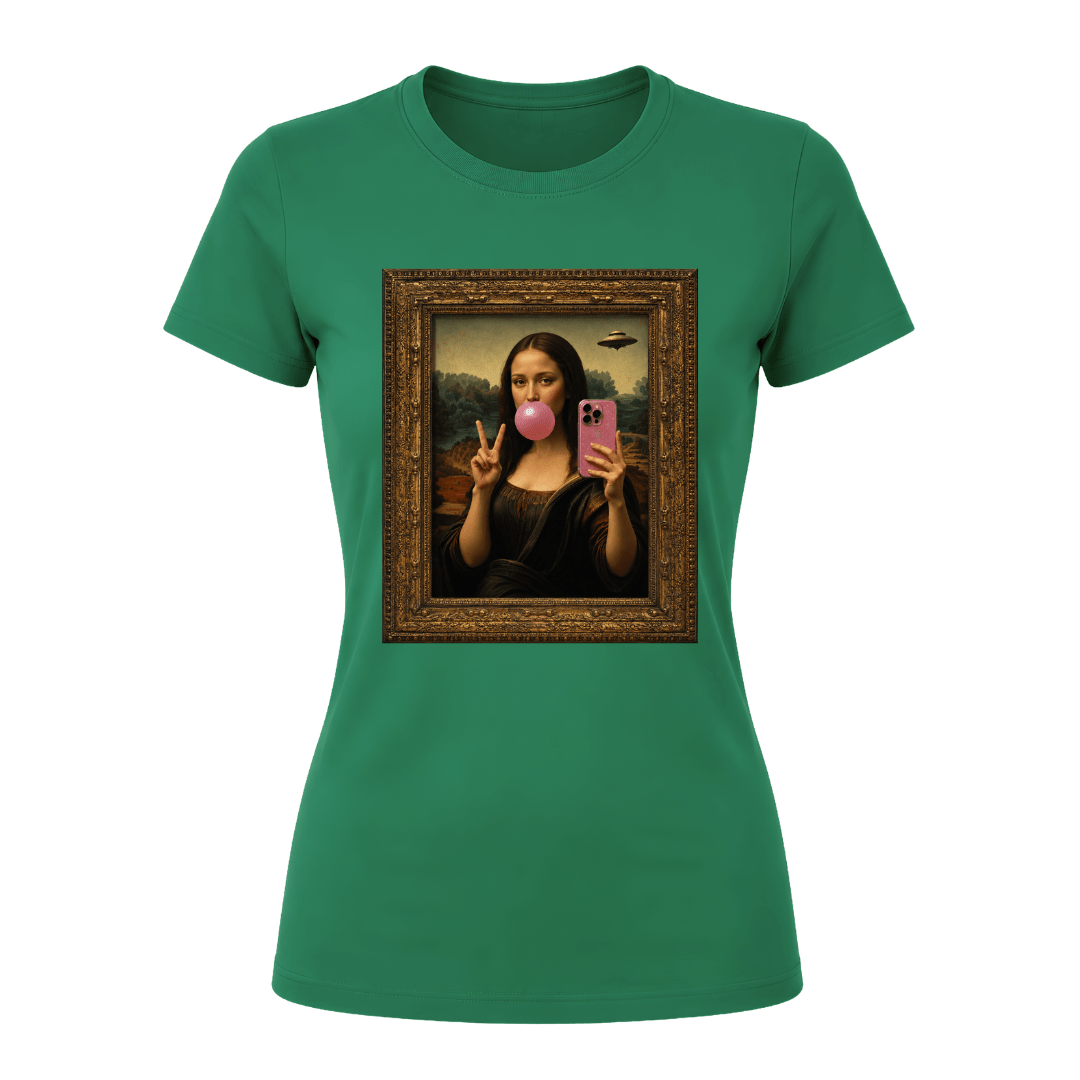 Irish green women’s graphic tee with funny art inspired selfie design