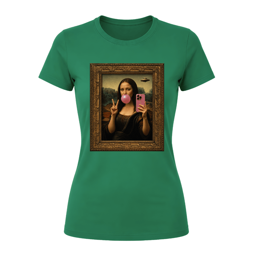 Irish green women’s graphic tee with funny art inspired selfie design