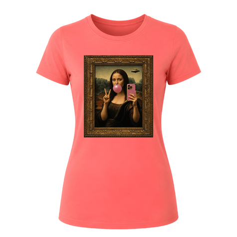 Coral silk women's graphic t shirt with artistic Mona Lisa bubble gum portrait