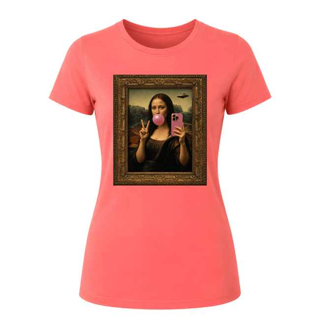 Coral silk women's graphic t shirt with artistic Mona Lisa bubble gum portrait