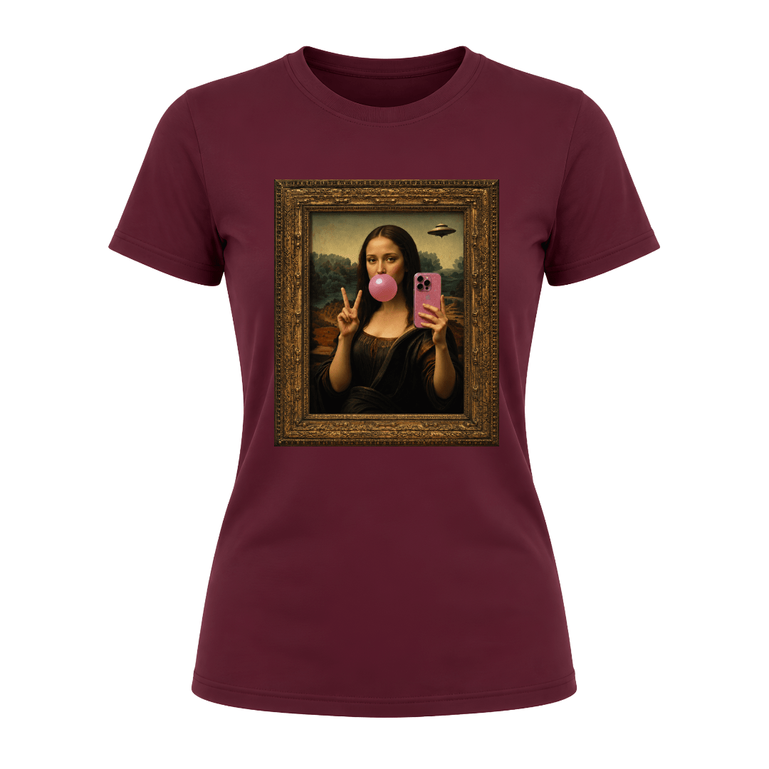 Maroon women's graphic fashion tee with humorous bubble gum Mona Lisa artwork