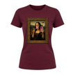 Maroon women's graphic fashion tee with humorous bubble gum Mona Lisa artwork