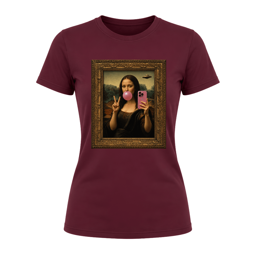 Maroon women's graphic fashion tee with humorous bubble gum Mona Lisa artwork