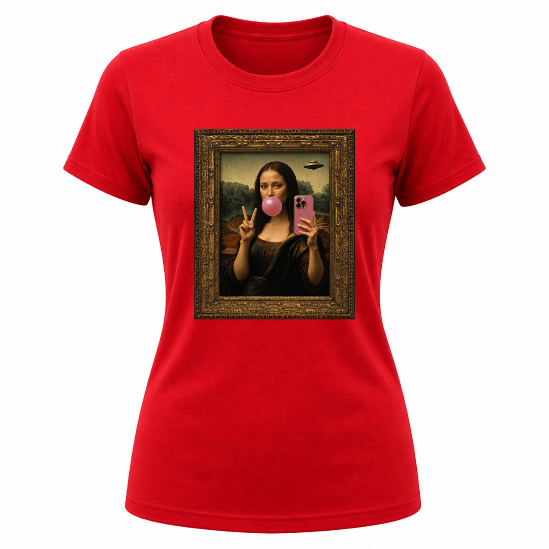 Red women's graphic apparel featuring playful Mona Lisa art inspired design