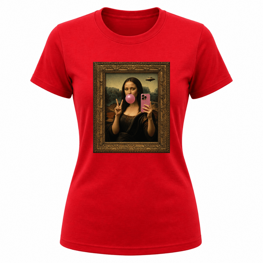 Red women's graphic apparel featuring playful Mona Lisa art inspired design