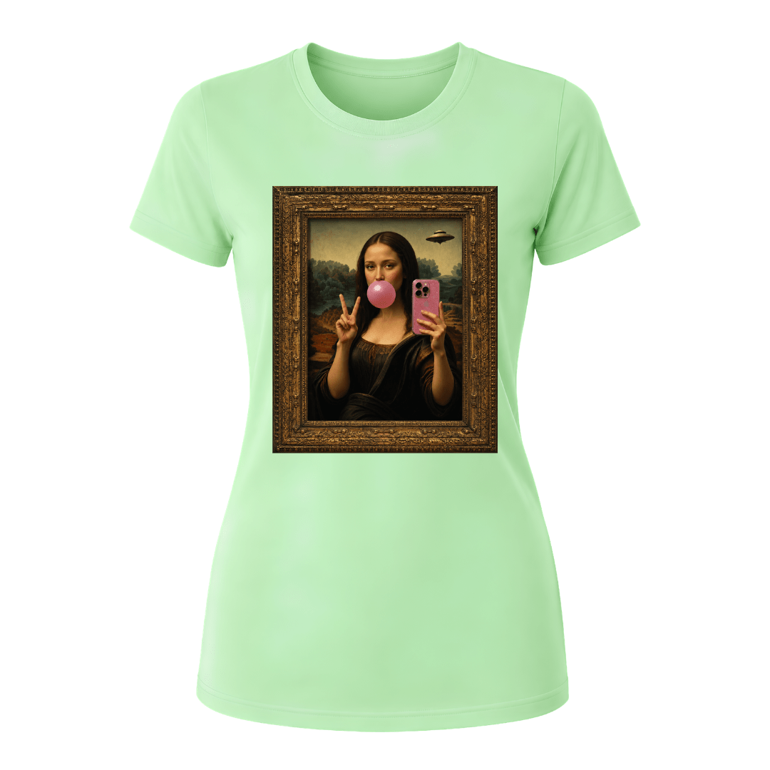 Mint green women's casual fashion shirt with Mona Lisa bubble gum portrait graphic